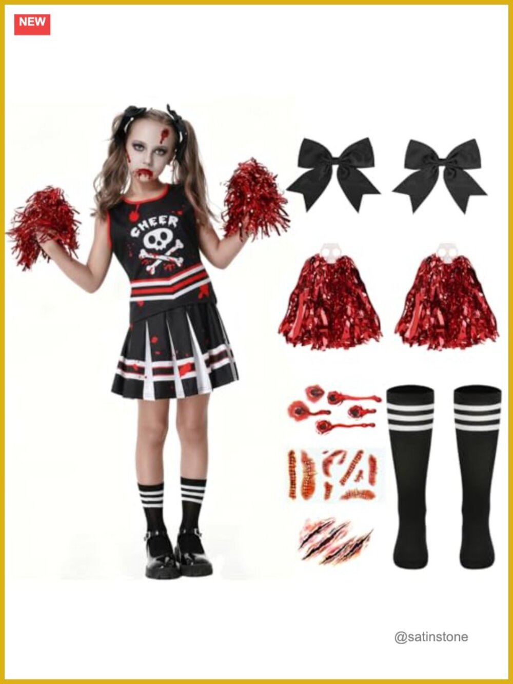 Zombie Cheerleader Costume Girls Halloween Dress Up Set